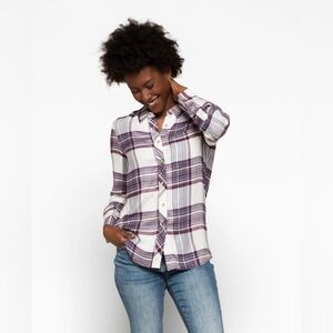 MELLODAY Super Soft Button Down Shirt - Purple and White Plaid Long Sleeve Top